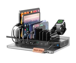 Alxum 140W USB Station de Charge 10 Ports avec QC 3.0 & PD 60W+45W+30W,Station de Chargement avec diviseurs Ajustables Compatible avec Ordinateur Portable, iPad, Tablette, iwatch, téléphone Portable