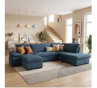 ALYA Canapé d'angle panoramique convertible Bleu OCEAN (tissu lisse) - Taille XL - 6+1 places - 315 x 210 x 89 cm