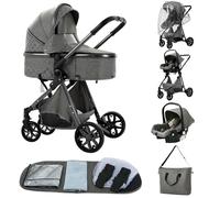ALYIKOU-poussette 3 en 1，Combinaison pliable poussette 3 in 1，poussette bebe 0 a 3 ans Housse de pluie, sac Mommy, moustiquaire, accessoires de siège, adaptateur universel (LV9 Gris foncé)