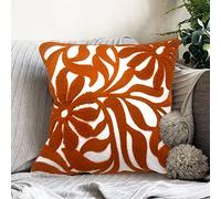 Alysheer Housse de coussin décorative brodée de fleurs touffetées de style bohème en coton pour canapé, lit, canapé, salon - 45,7 x 45,7 cm - Orange brûlé