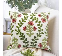 Alysheer Housse de Coussin décorative, Style Rustique, pour l'été, Motifs brodés de Fleurs Roses et Feuilles Vertes - pour canapé, lit, Salon, Chambre - 45 x 45 cm