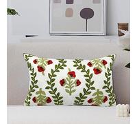 Alysheer Housse de Coussin Lombaire décorative, Style Rustique, pour l'été, Motifs brodés de Fleurs Rouges et Feuilles Vertes - pour canapé, lit, Salon, Chambre - 30 x 50 cm