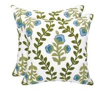 Alysheer Lot de 2 Housses de Coussin décoratives brodées de Style Rustique en Toile de Coton pour canapé, Chambre à Coucher, 45,7 x 45,7 cm, Motif Cottage Floral et Feuilles Vertes (Fleurs Bleues)