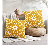 Alysheer Lot de 2 Housses de Coussin décoratives brodées - Motif Mandala bohème Confortable - Toile 100% Coton Durable - pour canapé, Salon - 45,7 x 45,7 cm (doré)