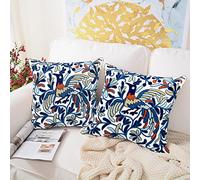 Alysheer Lot de 2 housses de coussin décoratives d'été brodées en coton avec motif oiseau bleu marine bohème pour canapé, salon, chambre à coucher, extérieur - 45,7 x 45,7 cm
