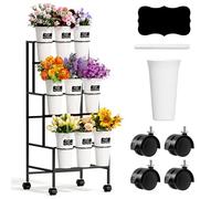 Alytree Présentoir de fleurs avec 9 seaux, chariot de fleurs en métal à 3 niveaux avec roulettes, support de barre de fleurs pour jardin, magasin de fleurs, intérieur ou extérieur, décoration de fête