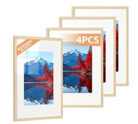 Alyvisun 4 Pcs A4 Cadre, Cadre Photo A4 Display Pictures 14x20 cm avec Passe-Partout ou 19,7x22,6 cm sans Passe-Partout, Cadre Photo Horizontal et Vertical pour Mur ou Table, Ton Bois