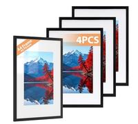 Alyvisun 4 Pcs A4 Cadre, Cadre Photo A4 Display Pictures 14x20 cm avec Passe-partout ou 19,7x29,3 cm sans Passe-partout, Cadre Photo Horizontal et Vertical pour Mur ou Table, Noir