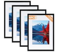 Alyvisun 4 Pcs A4 Cadre, Cadre Photo A4 pour Photos 14 x 20 cm avec Passe-Partout ou 19,7 x 29,3 cm sans Passe-Partout, Cadre Photo Horizontal et Vertical pour Mur ou Table, Noir