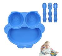 Alyvisun Hibou Assiette Ventouse pour Bébé, Bol Bebe en Silicone avec 3 Cuillère Fourchette Vaisselle Ventouses Enfant Plaque Compartiment Antidérapante pour Plateau de Chaises Hautes (Bleu)