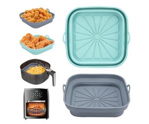Alyvisun Moule Silicone Air Fryer, 2 Pièces Panier Moule pour Friteuse à Air Chaud Réutilisable Airfryer Pot Plat Carré Pliable Doublure Liner pour Friteuse Air, Micro-ondes, Four (Bleu+Gris)