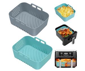 Alyvisun Moule Silicone Air Fryer, 2 Pièces Réutilisables Plat Pour Airfryer pour Paniers de 7,5L 9L 9.5L, Accessoires de Cuisson Antiadhésifs Idéaux pour les Ailes de Poulet (Gris + Bleu)