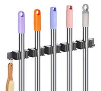 Alyvisun Support de balai, 5 emplacements et 2 crochets - Support mural en acier inoxydable pour le jardin, la salle de bain et le garage - Gris