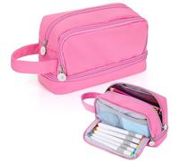 Alyvisun Trousse Scolaire, Trousse à Crayons Grande Capacité avec 3 Compartiments pour Fille Garcon, Portable Trousse Crayon Pencil Case avec Poignée pour École et Bureau (Rose)
