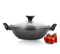AM Home and Kitchen: Wok à induction anti-adhésif de 32 cm avec couvercle en verre | Poêle polyvalente, batterie de cuisine, casserole, poêle à paella, marmite, sauté et plaque profonde, avec grille