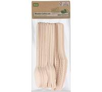 AM Lot de 24 couverts jetables en bois 100 % naturel comprenant 8 couteaux, fourchettes et cuillères