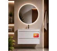 AM.PM Hit - Ensemble Meuble Salle de Bain 80 cm | Meuble sous lavabo Suspendu, Vasque & Miroir LED Rond | 2 tiroirs Soft-Close | Miroir antibuée, éclairage LED dimmable, capteur sans Contact | Blanc