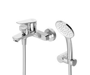 AM.PM Hit FTA15000 Robinet de baignoire à économie d'eau, mitigeur monocommande pour salle de bain, robinet argenté avec bec verseur, douchette à main 1 type de jet, support mural et tuyau