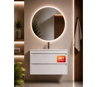 AM.PM Spike - Ensemble Meuble Salle de Bain 80cm | Meuble sous lavabo Suspendu, Vasque & Miroir LED Rond | 2 tiroirs Soft-Close | Miroir antibuée, éclairage LED dimmable, capteur sans Contact | Blanc