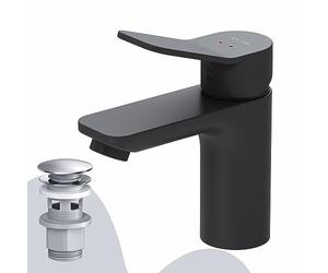 AM.PM X-Joy FXA82122 Robinet de lavabo monocommande à économie d'eau avec robinet anti-rayures, facile à nettoyer, avec bonde à clic, hauteur d'écoulement 79 mm, noir mat