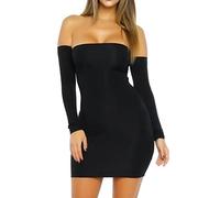 AMABILEMIA Robe courte pour femme à manches longues Mini robe élégante d'hiver sans bretelles robe fourreau noire de soirée sexy moulante discothèque fête AM951