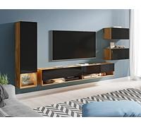 Amadeo Ensemble de meubles de salon suspendus, éclairage LED en option, différentes couleurs (Wotan / noir brillant, sans éclairage LED)