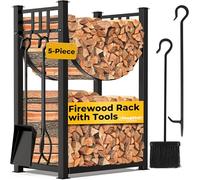 Amagabeli Porte Bûches de Cheminée avec 4 Outils 80 x 40 x 30cm - intérieur Grand stockage de bûches de bois empilable avec outils en fer forgé Noir