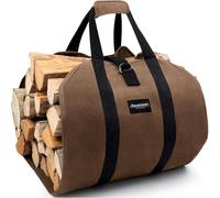 Amagabeli Sac à Bois, Sac de Transport pour Buches de Cheminée en Toile Cirée Résistante, avec Poignées et Sangle Réglable, Pour Intérieur, Extérieur, Camping,Marron