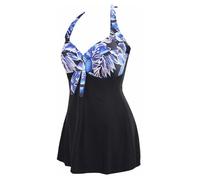 AMAGGIGO Maillot de bain une pièce à pois pour femme - Contrôle du ventre - Avec jupe, 5 fleurs bleues, 44