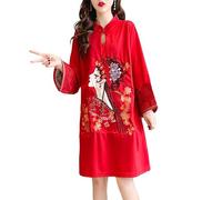 Amagogo Robe Cheongsam Chinoise, Longueur aux Genoux, Confortable, Manches Longues, Tendance, Robe Qipao pour Femmes, Cheongsam amélioré pour Les Voyages, XL Noir