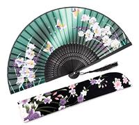 Amajiji Éventail pliant en bambou et soie de bambou de 21 cm, style rétro chinois/japonais, élégant, vintage, pour femmes et filles (orchidée verte)