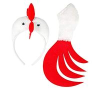 Amakando Kit de déguisement Rigolo avec crête de Coq & Queue - Blanc-Rouge - Panoplie d'accessoires exceptionnels Poule avec Serre-tête - Exactement ce qu'il Faut pour Carnaval & Mardi Gras