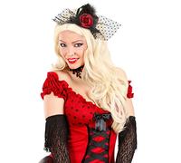 Amakando Petit Chapeau avec Voile Rose et Plume Haut-de-Forme Saloon Girl en Noir et Rouge Cancan Couvre-Chef Danseuse Burlesque soirée déguisement