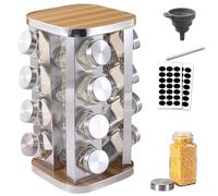 Amalan eu Range Epices Cuisine Avec 16 Pot A éPices,360°Carroussel,PréSentoir Acier Inoxydable,Pot A Verre Rangement Epice,Tourniquet A Epices Avec Etiquette -Bois
