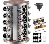 Amalan eu Tour à Épices Rotatif 360° avec 20 Pots en Verre - Support Épices en Acier Inoxydable 430, Organisateur de Cuisine et Barbecue - Étagère Rotative avec Couvercles Étiquettes (19x19x35cm)