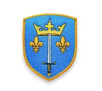 Amalric Écusson Jeanne d'Arc Brodé Blason Dos Scratch 8x6,4 cm | Écusson Jeanne d'Arc brodé, dos scratch et support velours à coudre offert - pour veste, blouson, sac ou casquette
