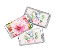 Amanda Creation, Lot de 45 mini étiquettes autocollantes en forme de dahlia pour fête prénatale Motif éléphant et fleurs 3,6 x 6,6 cm