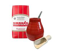 Amanda Yerba Mate Service à thé | Boisson énergétique naturelle forte | Ensemble complet de thé maté | Kit débutant | Yerba Mate Amanda Elaborada Booster + 500 g | Gourde en céramique rouge 350 ml | Bombilla en acier inoxydable