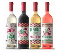 AmandaCreation Lot de 4 étiquettes autocollantes imperméables sur le thème du Père Noël pour bouteille de vin 9,5 x 12,1 cm (vin non inclus)