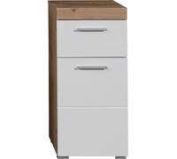 AmandaMandoBea Armoire murale de rangement pour salle de bain, 1 tiroir, 2 portes, imitation chêne, blanc brillant.
