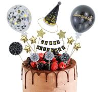AMANDELIZABE Lot de 12 décorations de gâteau d'anniversaire - Noir et Doré - Étoiles, Éventails, Chapeau et Accessoires - Décoration de Gâteau d'Anniversaire - Noir