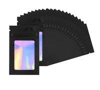 AMANDELIZABE Lot de 66 sachets en mylar refermables noirs en polyéthylène (PE) avec fermeture éclair anti-odeurs pratiques rectangulaires holographiques pour cadeaux de fête et bijoux