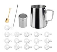 AMANDELIZABE Pichet à lait en acier inoxydable 350 ml avec stylo pour latte art, cuillère à dessert carrée dorée et 16 pochoirs à café, design unique et bec verseur anti-gouttes, argenté
