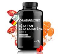 Amando Perez Beta Tan+ Bêta Carotène 50 000 UI - 180 Gélules Haute Absorption - Vegan et à Dose Élevée - Bêta Carotène extrait de l'Algue D. Salina, Précurseur de la Vitamine A - Testé en Laboratoire