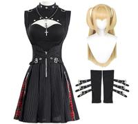 Amane Costume de cosplay Noir Gothique Lolita Robe Ensemble Anime Cosplay | Tenue de cosplay avec personnage d'anime pour femme, perruque amane, avec chauffe-bras, Halloween, carnaval, fête costumée