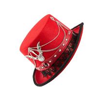 amangul Chapeau haut-de-forme punk avec bordure en dentelle et engrenages métalliques industriels faits à la main - Chapeau fantaisie pour cosplay d'Halloween (rouge)