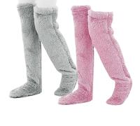 amangul Lot de 2 paires de chaussettes d'hiver épaisses et pelucheuses pour femme - Couleur unie - Chaudes au-dessus du genou, 13, XL-5XL