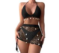 amangul Tenues deux pièces pour femme, bikini, maillots de bain, cache-maillot de bain, haut en crochet ajouré, jupe à cordon de serrage latéral, ensemble de cache-maillot de plage pour femme