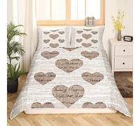 Amant Housse de Couette Beige Marron Femmes Filles Grain de Bois Ensemble de Literie Mot Imprimer Couples Coeur Motif Housse de Couette Ensemble Rétro Romance 2 pièces pour Chambre Décor, 140x200cm