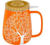 amapodo Lot de tasses à thé, en porcelaine, avec couvercle et tamis, 600 ml, XXL, orange, sans plastique